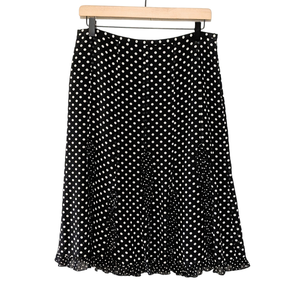 LOFT Womens Polka Dot Ruffle Midi A Line Skirt Size 8 Black White Side Zip